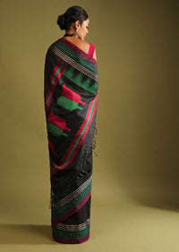 Ink Black Saree In Tussar Silk With Red And Green Colored Thread Embroidered Abstract Design On The Pallu Online - Kalki Fashion