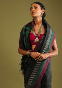 Ink Black Saree In Tussar Silk With Red And Green Colored Thread Embroidered Abstract Design On The Pallu Online - Kalki Fashion