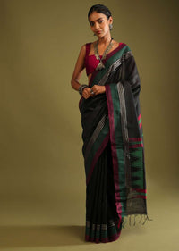 Ink Black Saree In Tussar Silk With Red And Green Colored Thread Embroidered Abstract Design On The Pallu Online - Kalki Fashion