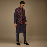 Ink Blue Nehru Jacket Set In Raw Silk With Multi Colored Resham Embroidered Floral Jaal