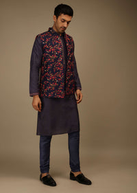 Ink Blue Nehru Jacket Set In Raw Silk With Multi Colored Resham Embroidered Floral Jaal
