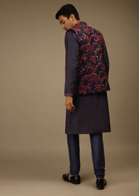 Ink Blue Nehru Jacket Set In Raw Silk With Multi Colored Resham Embroidered Floral Jaal