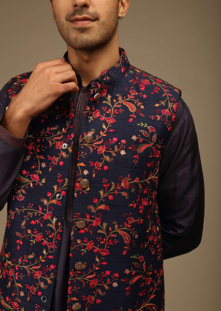 Ink Blue Nehru Jacket Set In Raw Silk With Multi Colored Resham Embroidered Floral Jaal