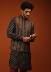 Insign Blue Nehru Jacket And Kurta Set In Striped Hand Block Print, Blue Kurta In Mandarin Collar Neckline And Full Sleeves.