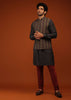 Insign Blue Nehru Jacket And Kurta Set In Striped Hand Block Print, Blue Kurta In Mandarin Collar Neckline And Full Sleeves.