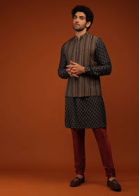 Insign Blue Nehru Jacket And Kurta Set In Striped Hand Block Print, Blue Kurta In Mandarin Collar Neckline And Full Sleeves.