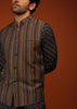 Insign Blue Nehru Jacket And Kurta Set In Striped Hand Block Print, Blue Kurta In Mandarin Collar Neckline And Full Sleeves.