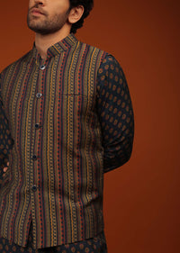 Insign Blue Nehru Jacket And Kurta Set In Striped Hand Block Print, Blue Kurta In Mandarin Collar Neckline And Full Sleeves.