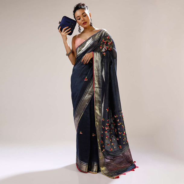 Insignia Blue Saree In Tussar Silk With Multicolored Bud Hand Embroidered Roses And Running Stich Design