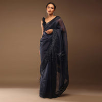 Insignia Blue Saree With A Sleeveless Ruffled Crop Top In Sequins Embroidery