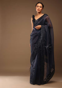 Insignia Blue Saree With A Sleeveless Ruffled Crop Top In Sequins Embroidery