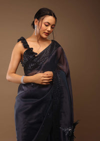 Insignia Blue Saree With A Sleeveless Ruffled Crop Top In Sequins Embroidery