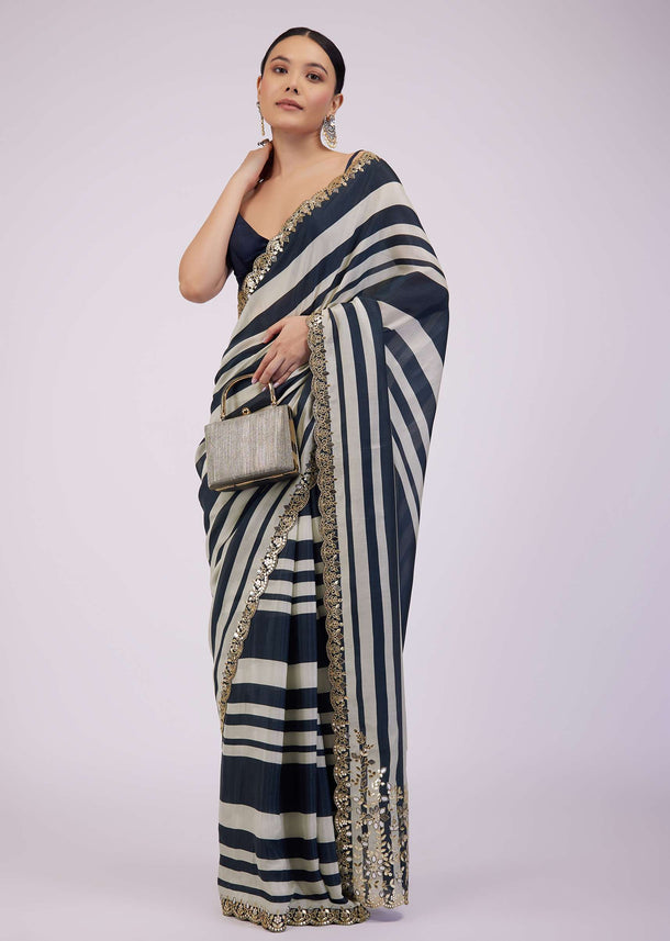 Insignia Blue Saree In Muslin With White Stripes And Embroidery