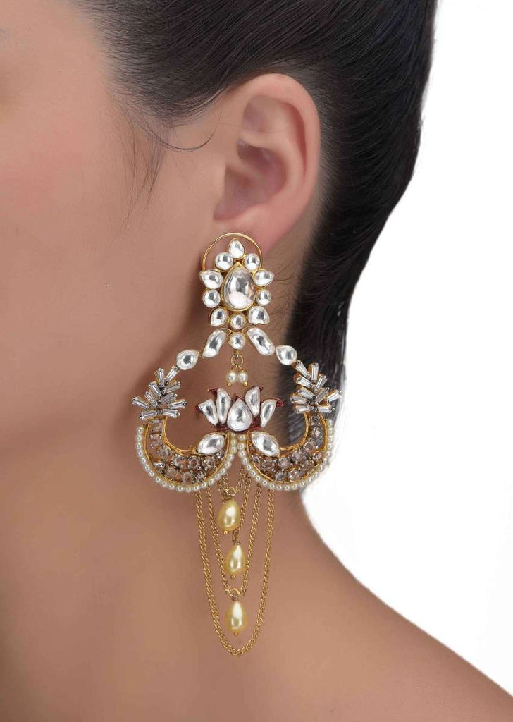 Inverted Heart Shaped Dangling Earrings With Kundan, Bugle Beads, Stones And Chain Online - Kalki Fashion