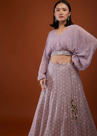 Lavender Purple Georgette Lehenga Set With Mirror Embroidery