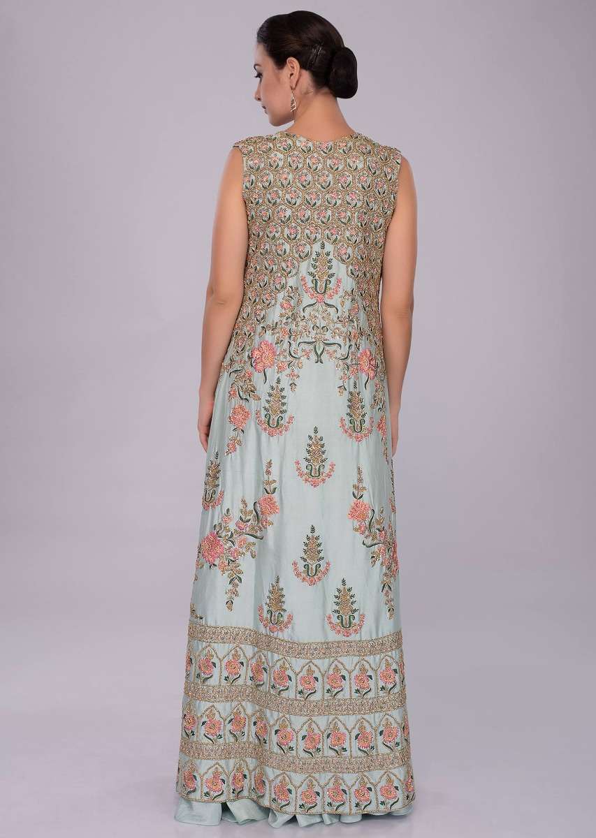 Irish-mint-heavy-dupion-skirt-and-bustier-with-long-embroidered-jacket-only-on-Kalki-460795
