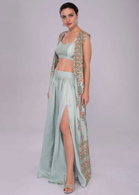 Irish Mint Skirt In Heavy Dupion And Bustier With Long Embroidered Jacket Online - Kalki Fashion