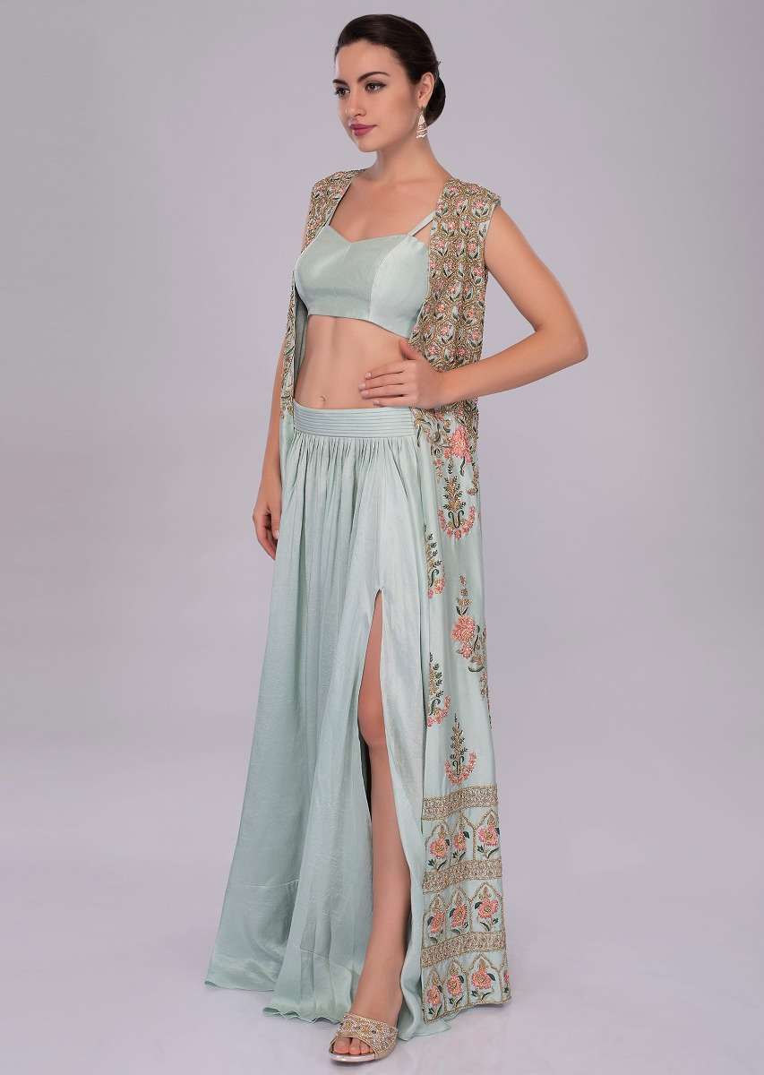 Irish-mint-heavy-dupion-skirt-and-bustier-with-long-embroidered-jacket-only-on-Kalki-460795
