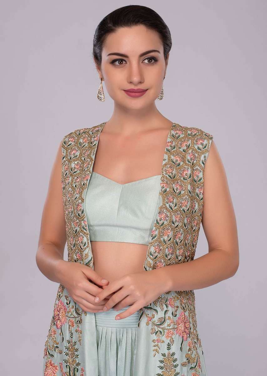 Irish-mint-heavy-dupion-skirt-and-bustier-with-long-embroidered-jacket-only-on-Kalki-460795
