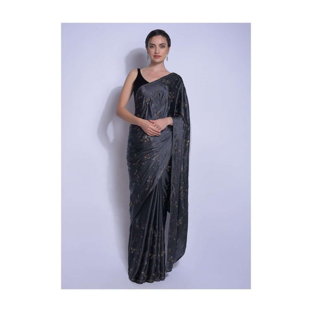 Iron Grey Saree In Satin With Kundan In Leaves And Floral Motifs Online - Kalki Fashion