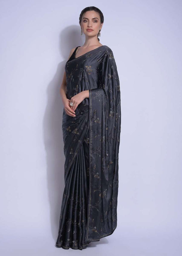 Iron Grey Saree In Satin With Kundan In Leaves And Floral Motifs Online - Kalki Fashion