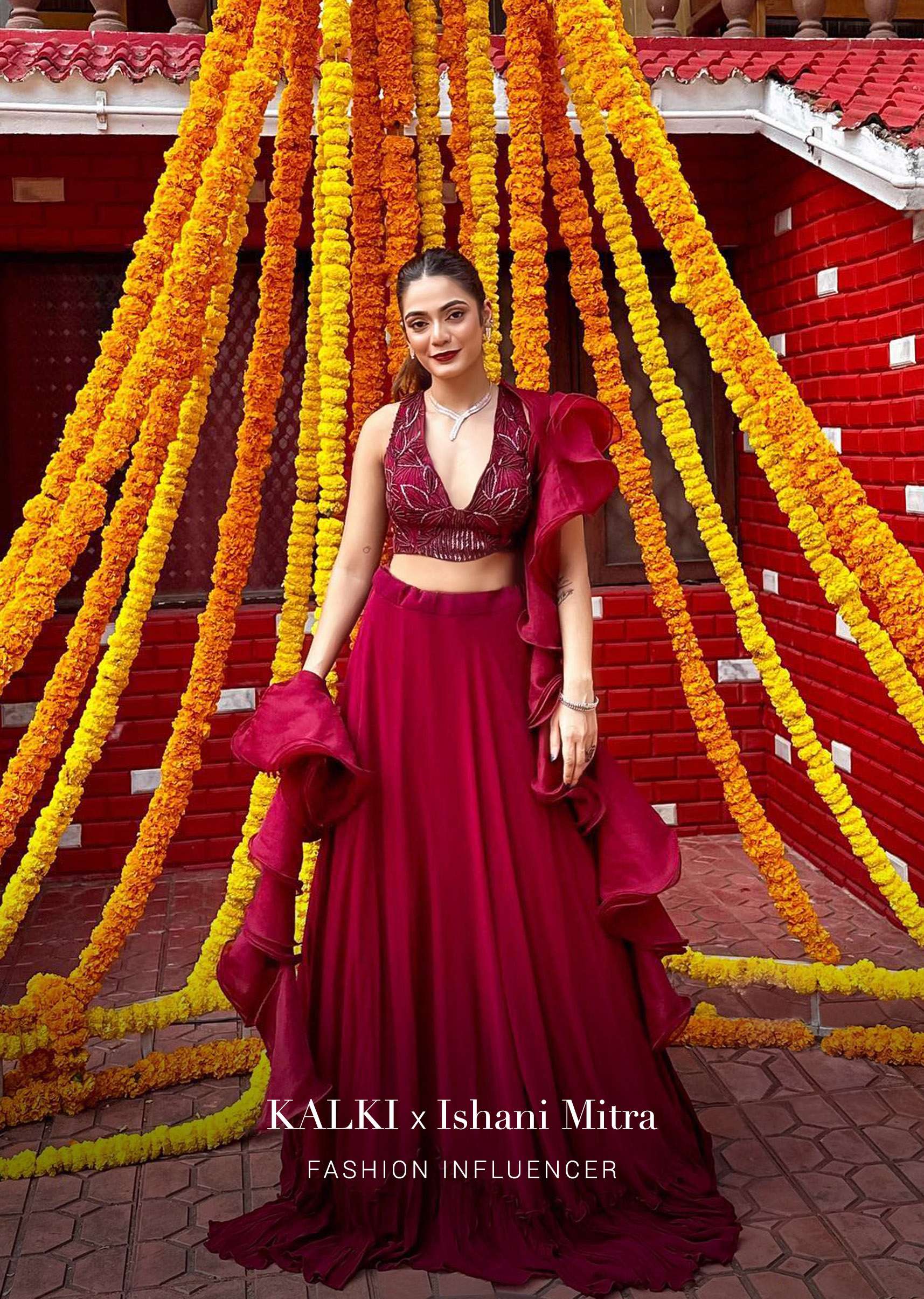 Maroon Lehenga And Crop Top With Hand Embroidered Leaf Motifs And A Ruffle Dupatta