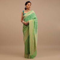 Mint Green Saree With Jaal Work On The Border And Pallu
