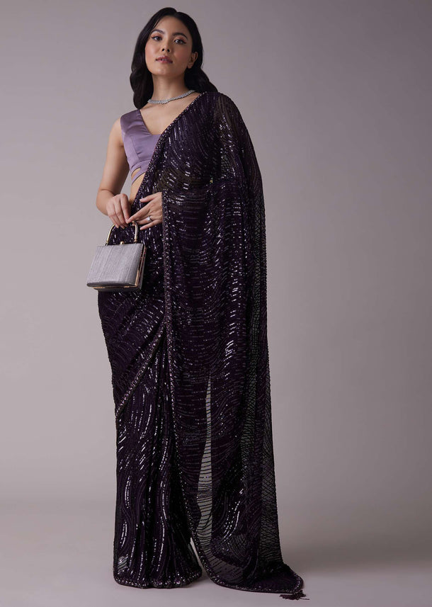 Wine Purple Sequins Saree With An Embellished Border