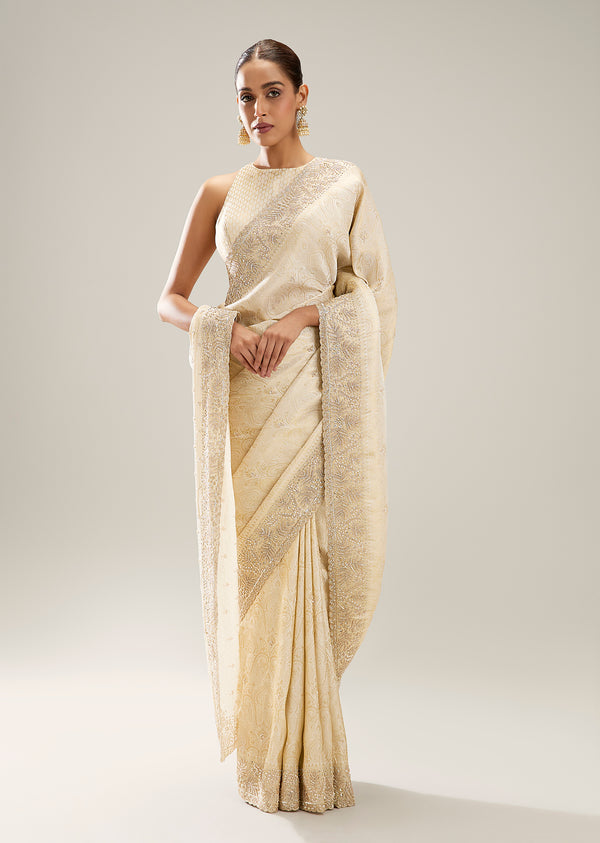 Ivory Banarasi Silk Saree With Cutdana And Zardosi Border