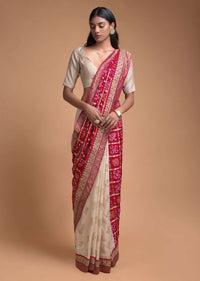 Ivory Beige And Red Half And Half Saree In Silk With Bandhani Print And Weaved Floral Buttis Online - Kalki Fashion