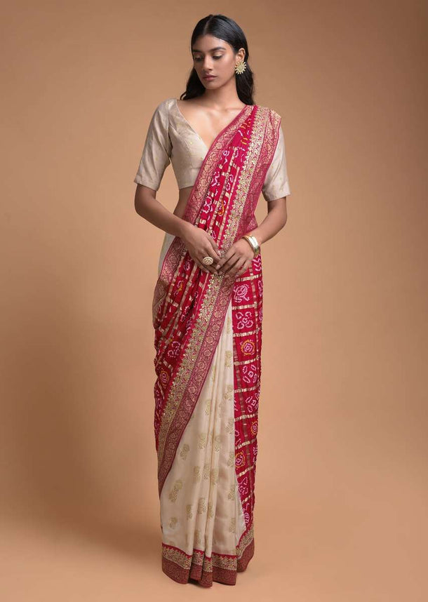 Ivory Beige And Red Half And Half Saree In Silk With Bandhani Print And Weaved Floral Buttis Online - Kalki Fashion