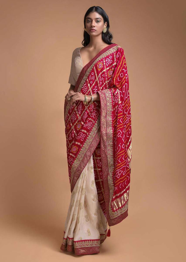 Ivory Beige And Red Half And Half Saree In Silk With Bandhani Print And Weaved Floral Buttis Online - Kalki Fashion