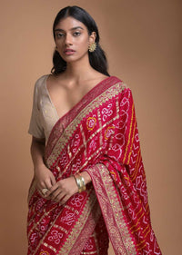 Ivory Beige And Red Half And Half Saree In Silk With Bandhani Print And Weaved Floral Buttis Online - Kalki Fashion