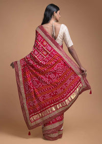 Ivory Beige And Red Half And Half Saree In Silk With Bandhani Print And Weaved Floral Buttis Online - Kalki Fashion