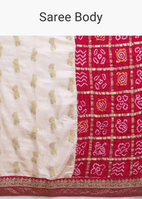 Ivory Beige And Red Half And Half Saree In Silk With Bandhani Print And Weaved Floral Buttis Online - Kalki Fashion