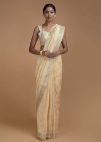 Ivory Beige Banarasi Saree With Weaved Floral Jaal And Gotta Embroidery Online - Kalki Fashion