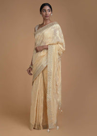 Ivory Beige Banarasi Saree With Weaved Floral Jaal And Gotta Embroidery Online - Kalki Fashion