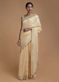 Ivory Beige Banarasi Saree With Weaved Floral Jaal And Gotta Embroidery Online - Kalki Fashion