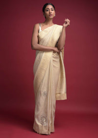 Ivory Beige Saree In Brocade Silk With Weaved Moroccan Pattern And Gotta Patch Work Online - Kalki Fashion