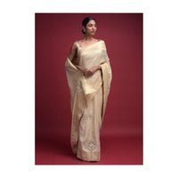 Ivory Beige Saree In Brocade Silk With Weaved Moroccan Pattern And Gotta Patch Work Online - Kalki Fashion