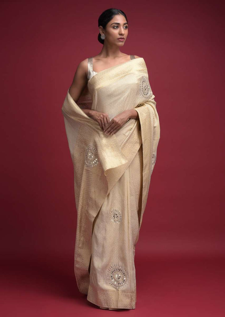 Ivory Beige Saree In Brocade Silk With Weaved Moroccan Pattern And Gotta Patch Work Online - Kalki Fashion