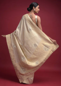 Ivory Beige Saree In Brocade Silk With Weaved Moroccan Pattern And Gotta Patch Work Online - Kalki Fashion