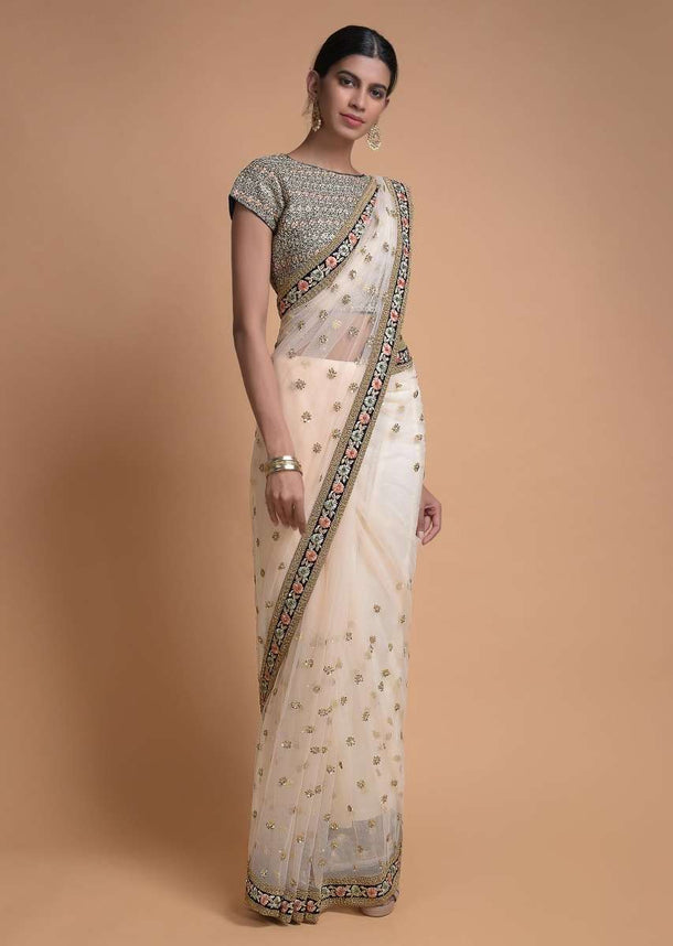 Ivory Beige Saree In Net With Floral Buttis And Resham Embroidered Floral Border Online - Kalki Fashion