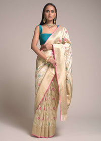 Ivory Beige Saree In Silk With Colorful Woven Floral Jaal And Golden Floral Border Online - Kalki Fashion