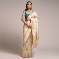 Ivory Beige Saree In Silk With Colorful Woven Floral Jaal And Golden Floral Border Online - Kalki Fashion