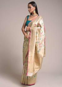 Ivory Beige Saree In Silk With Colorful Woven Floral Jaal And Golden Floral Border Online - Kalki Fashion