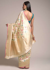 Ivory Beige Saree In Silk With Colorful Woven Floral Jaal And Golden Floral Border Online - Kalki Fashion