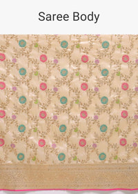 Ivory Beige Saree In Silk With Colorful Woven Floral Jaal And Golden Floral Border Online - Kalki Fashion