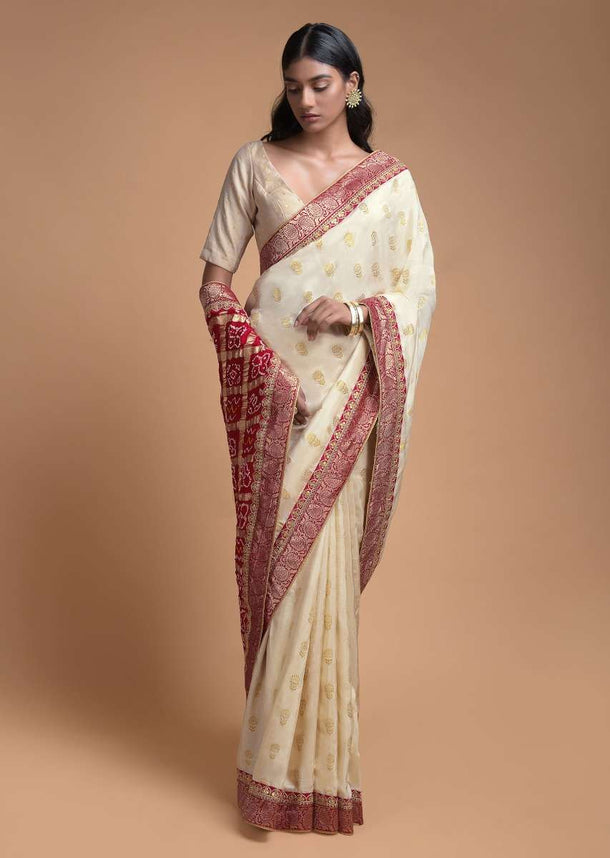 Ivory Beige Saree In Silk With Weaved Floral Buttis And Bandhani Printed Pallu Online - Kalki Fashion