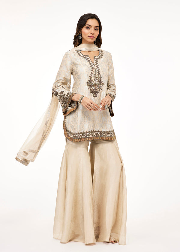 Ivory Brocade Embroidered Sharara Set With Zardosi Work